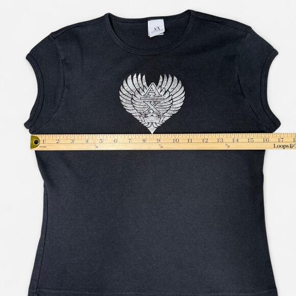 Y2K Punk Baby Tee - Size S - Armani Exchange - Black Heart Logo Cap Sleeve Top - Picture 7 of 8